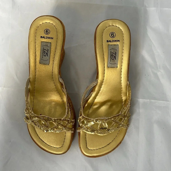 VINTAGE Y2K Platform Gold Sequin Baldwin 725 Original Wedge Open Toe Slides 6 - Picture 6 of 12